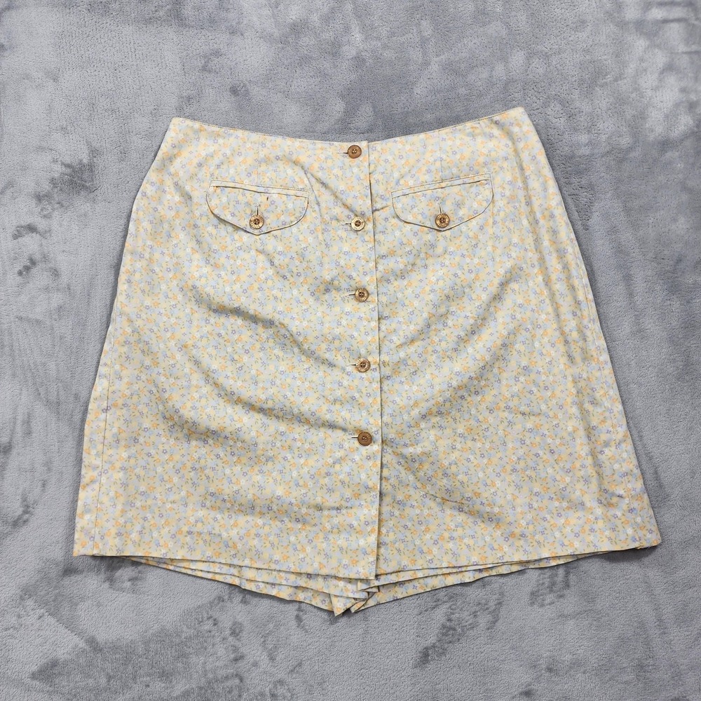 Vintage Liz Sport Shorts Womens 14 Yellow Floral Button Front Twill Skort Preppy